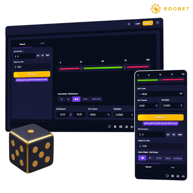 Roobet Dice Game — Play Online in Demo or With Real Funds, illustration