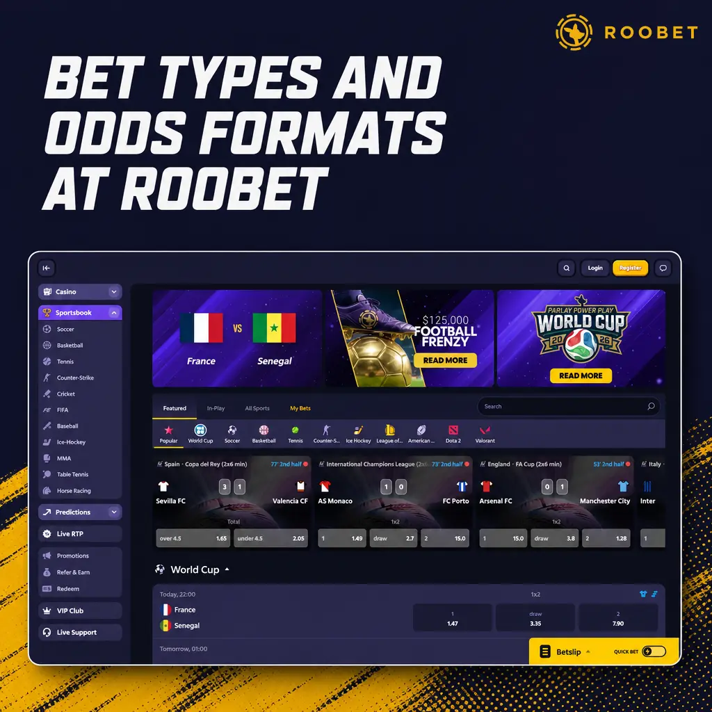 Roobet sportsbook bet types—single, accumulator, system, handicap, over/under, outright—and odds format options.