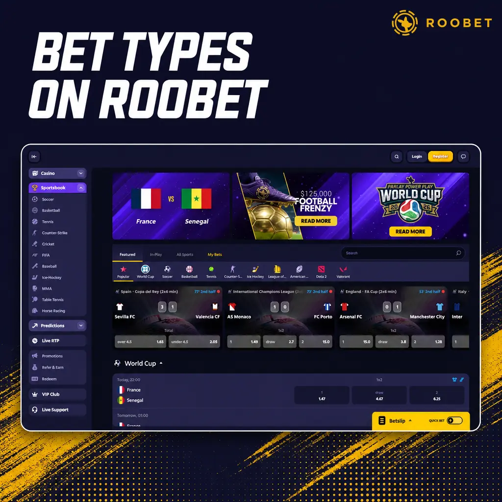 Overview of bet types on Roobet sportsbook, including singles, accumulators, systems, handicaps, and over/under options.