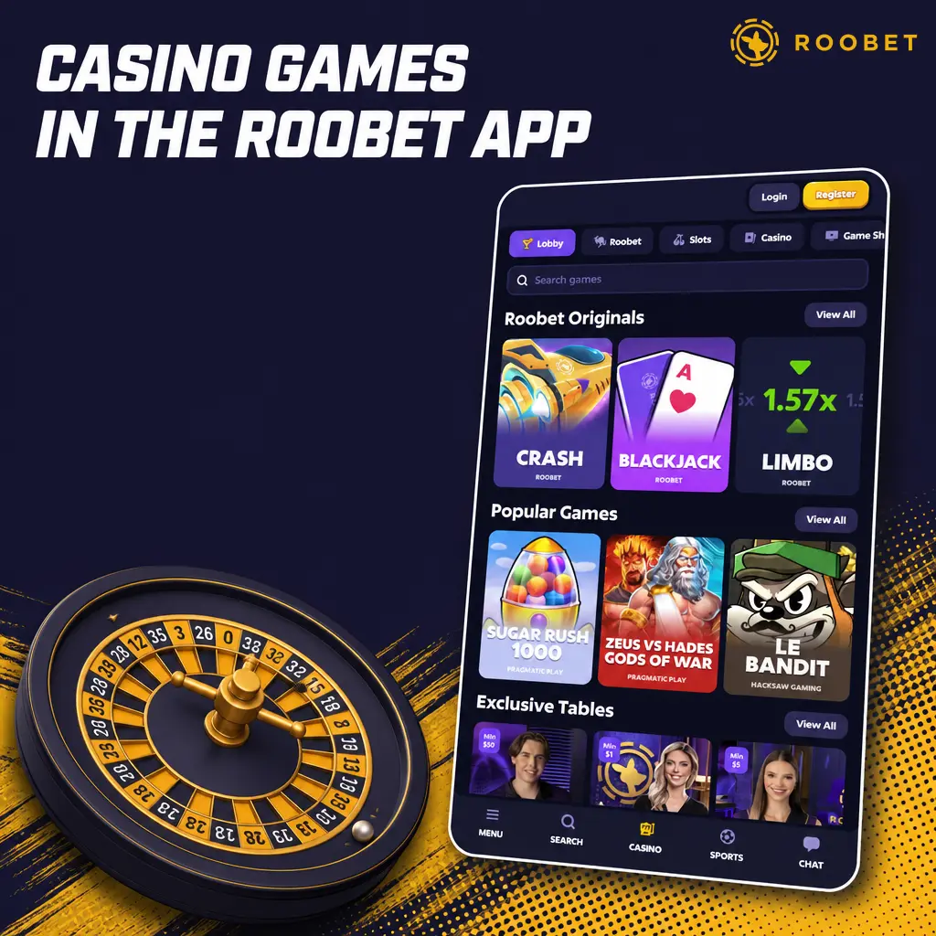 Roobet app casino lobby showing slots, crash games, table games, live casino, and instant games on mobile