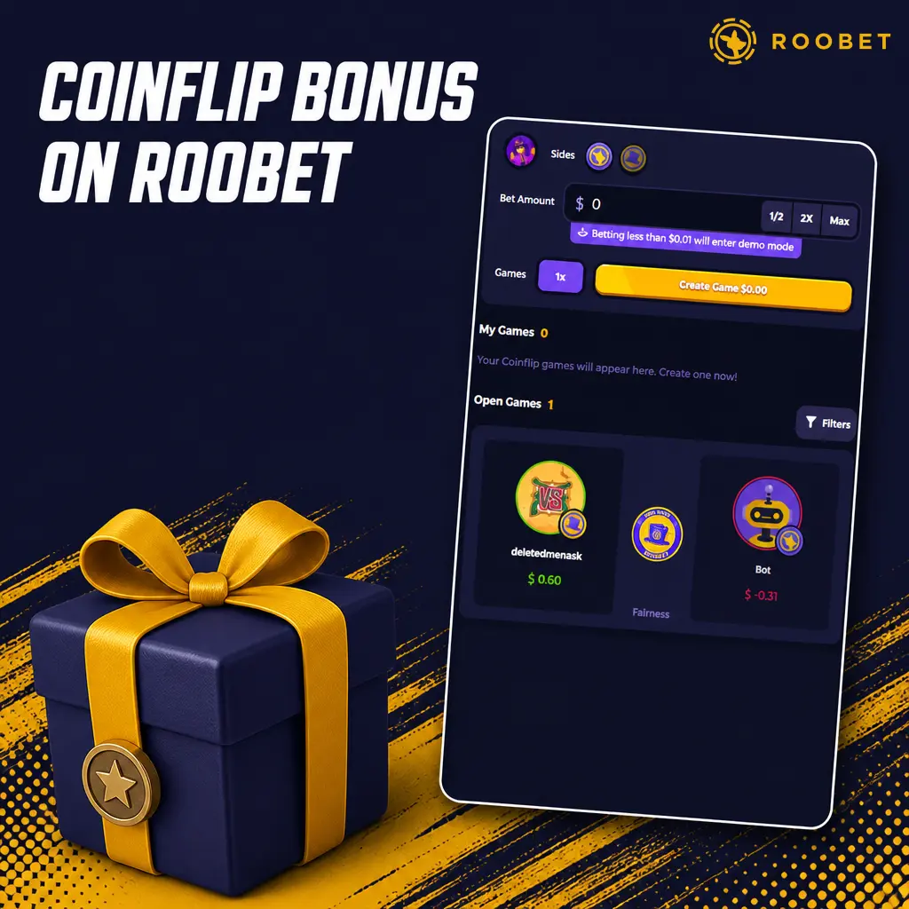 Roobet Coinflip bonus: 100% first deposit match up to $100, 35x wagering, auto-credited, no code needed