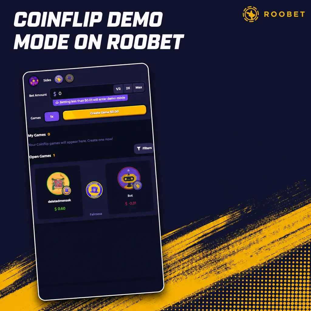 Roobet Coinflip demo mode showing virtual credits, 95% RTP, and 1.90x payout for risk-free practice play