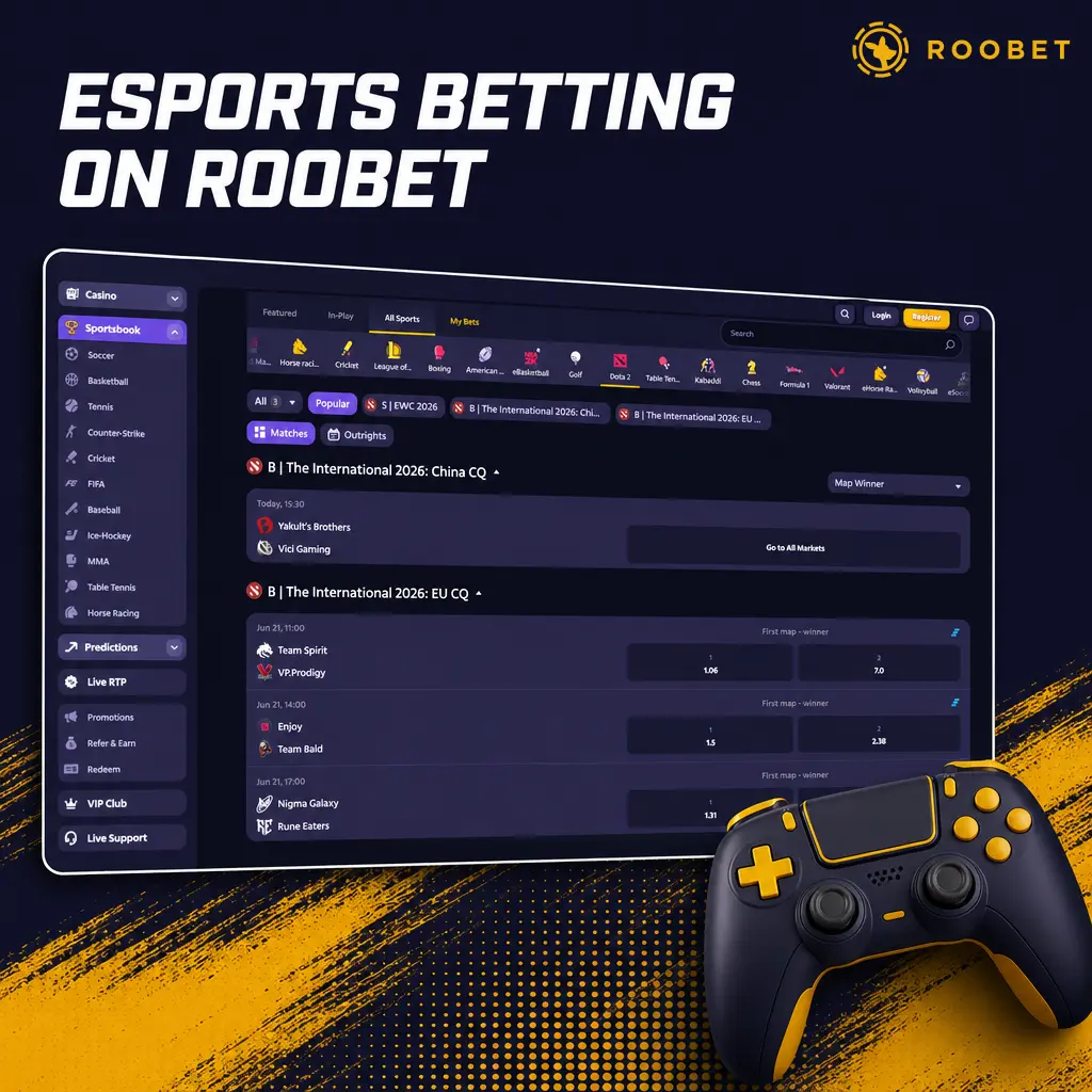 Esports betting on Roobet with odds for CS2, Dota 2, League of Legends, Valorant, PUBG Mobile, and more