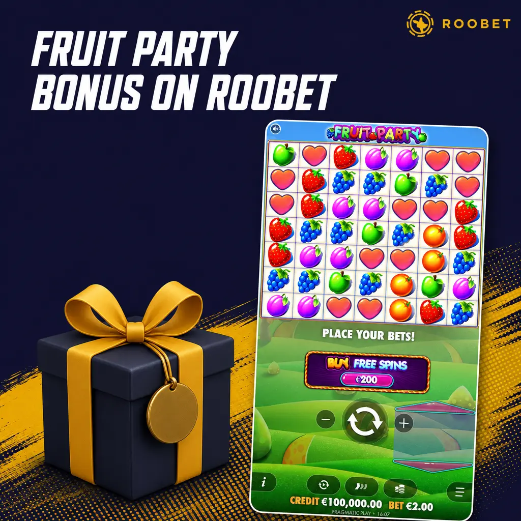Fruit Party slot bonus on Roobet showing Rakeback rewards and VIP tiers instead of dedicated free spins