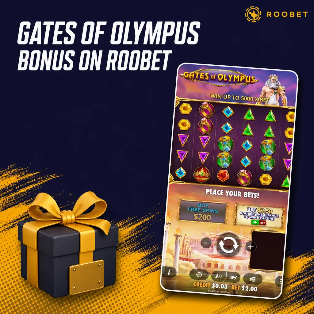 Gates of Olympus bonus on Roobet: rakeback and Level Up rewards from wagering, no bonus code needed.