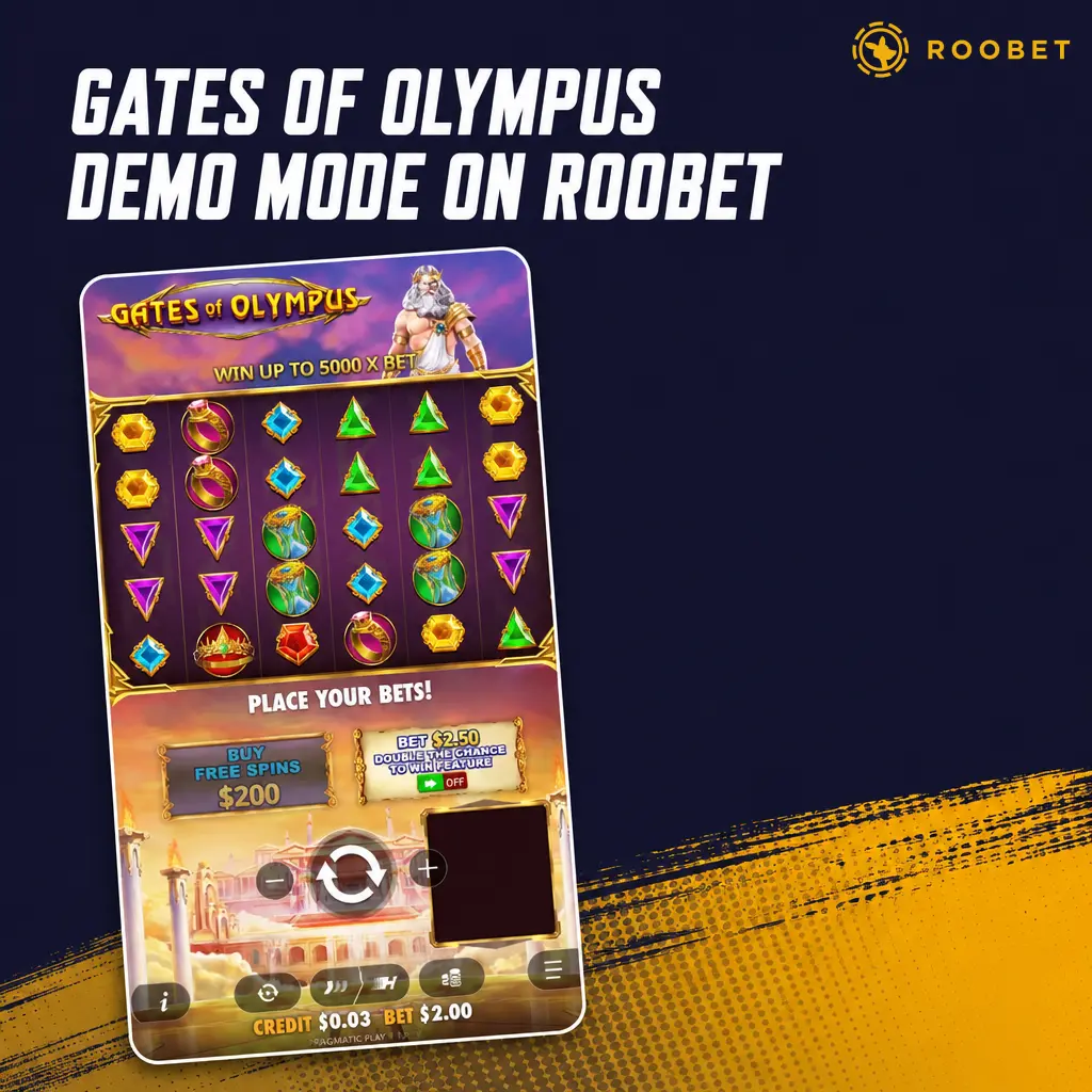 Gates of Olympus demo mode on Roobet showing reels, tumble mechanic, multipliers, and free spins with virtual credits