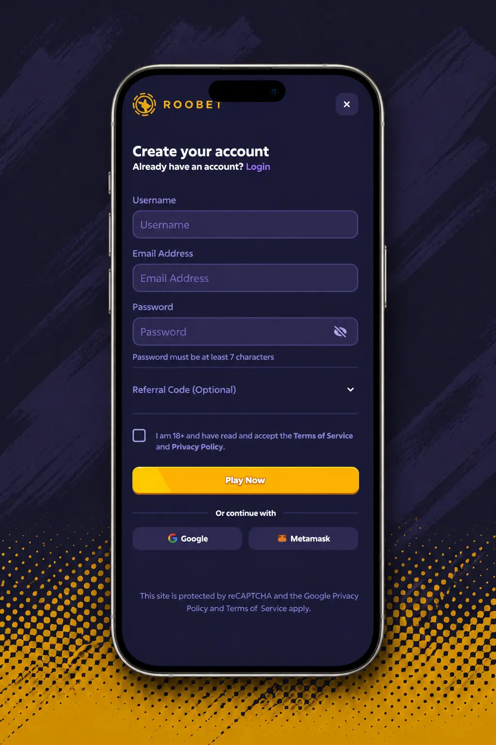 Step-by-step guide showing Roobet Plinko login, deposit, game search and bet setup on mobile screen