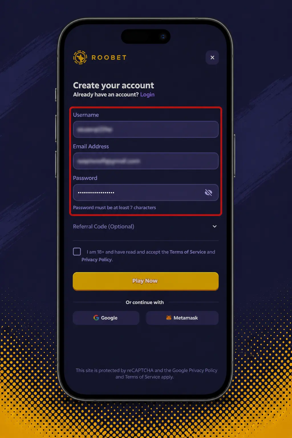Step-by-step guide showing how to create a Roobet account through the sign-up registration form