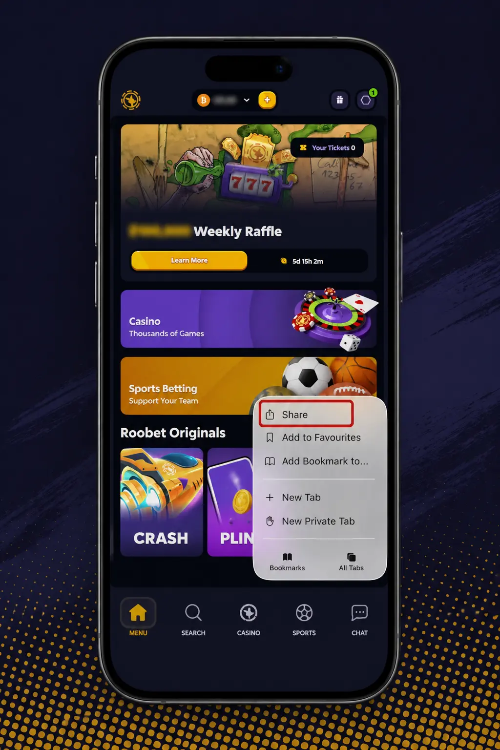 Step-by-step guide showing how to install Roobet on iOS using Safari's Add to Home Screen feature