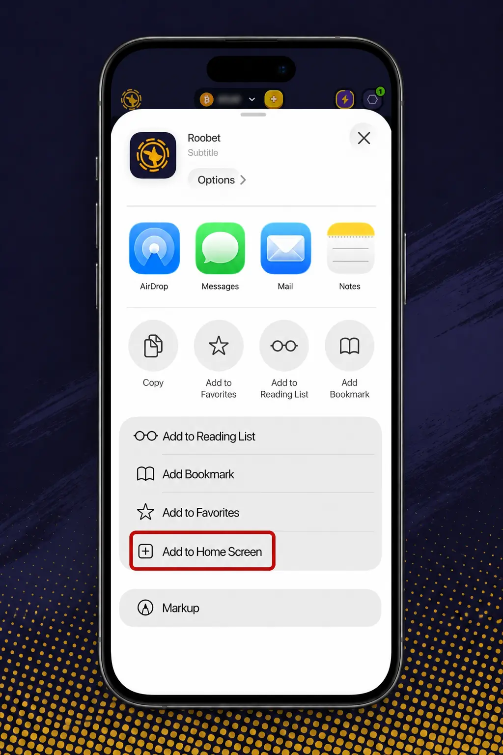 Step-by-step guide showing how to install Roobet on iOS using Safari's Add to Home Screen feature