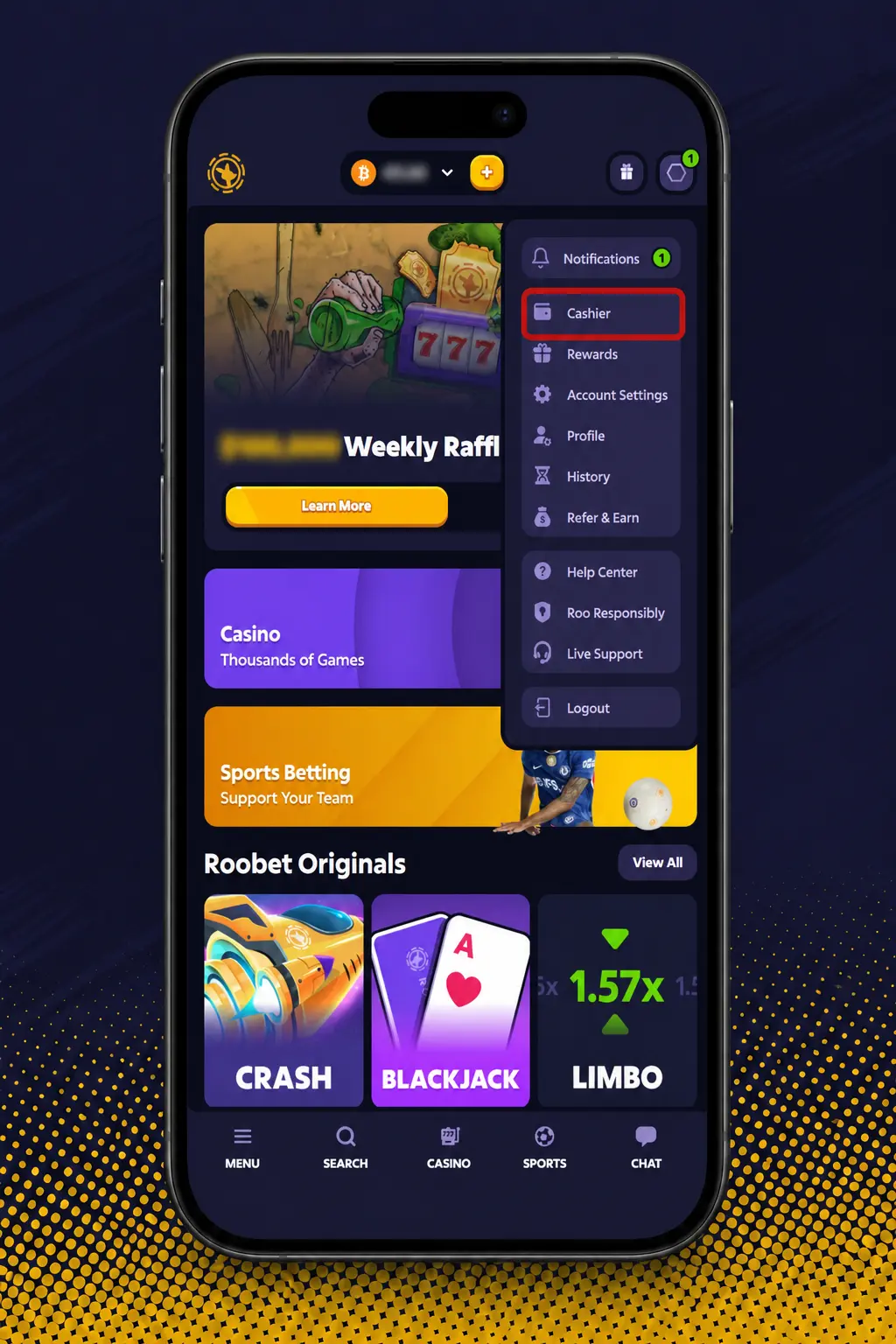 Step-by-step guide showing how to make a deposit on Roobet using UPI, CASH, or cryptocurrency