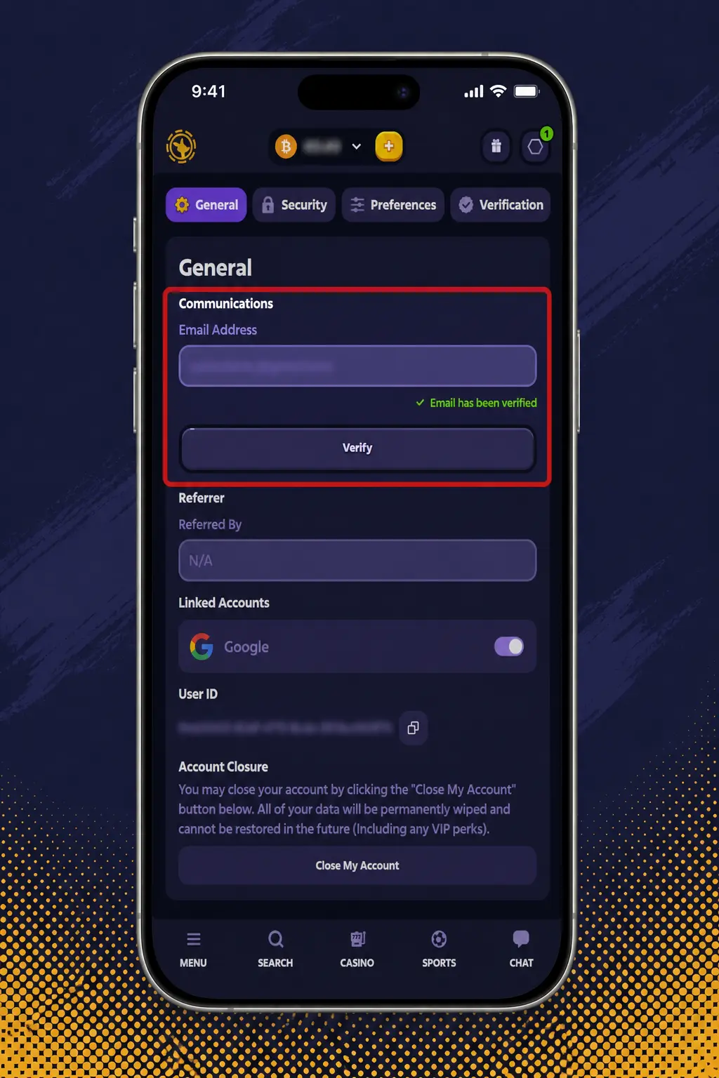 Step-by-step screenshot showing how to verify a Roobet account via KYC in account settings.
