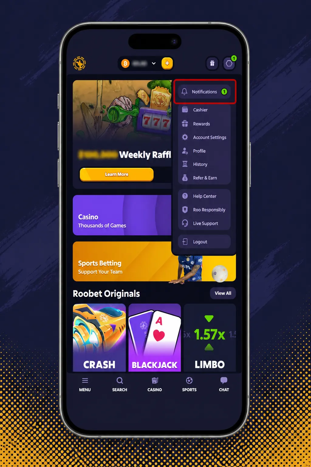 Step-by-step guide showing how to verify a Roobet account by uploading KYC documents in account settings.