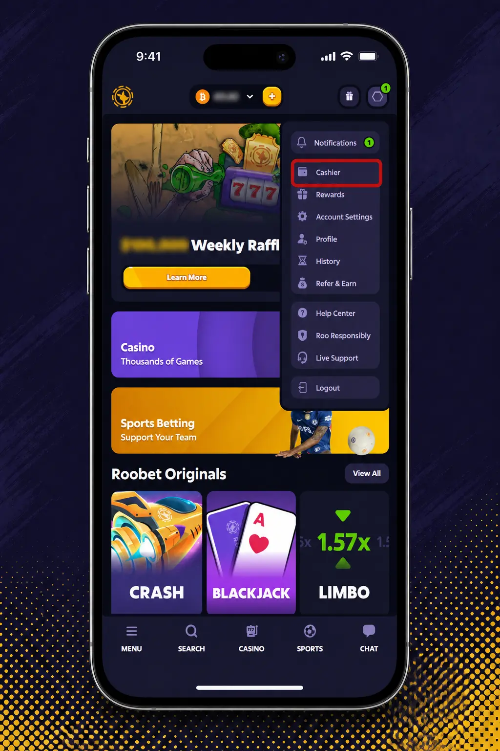 Step-by-step screenshot showing how to withdraw funds from Roobet using UPI, CASH, or crypto