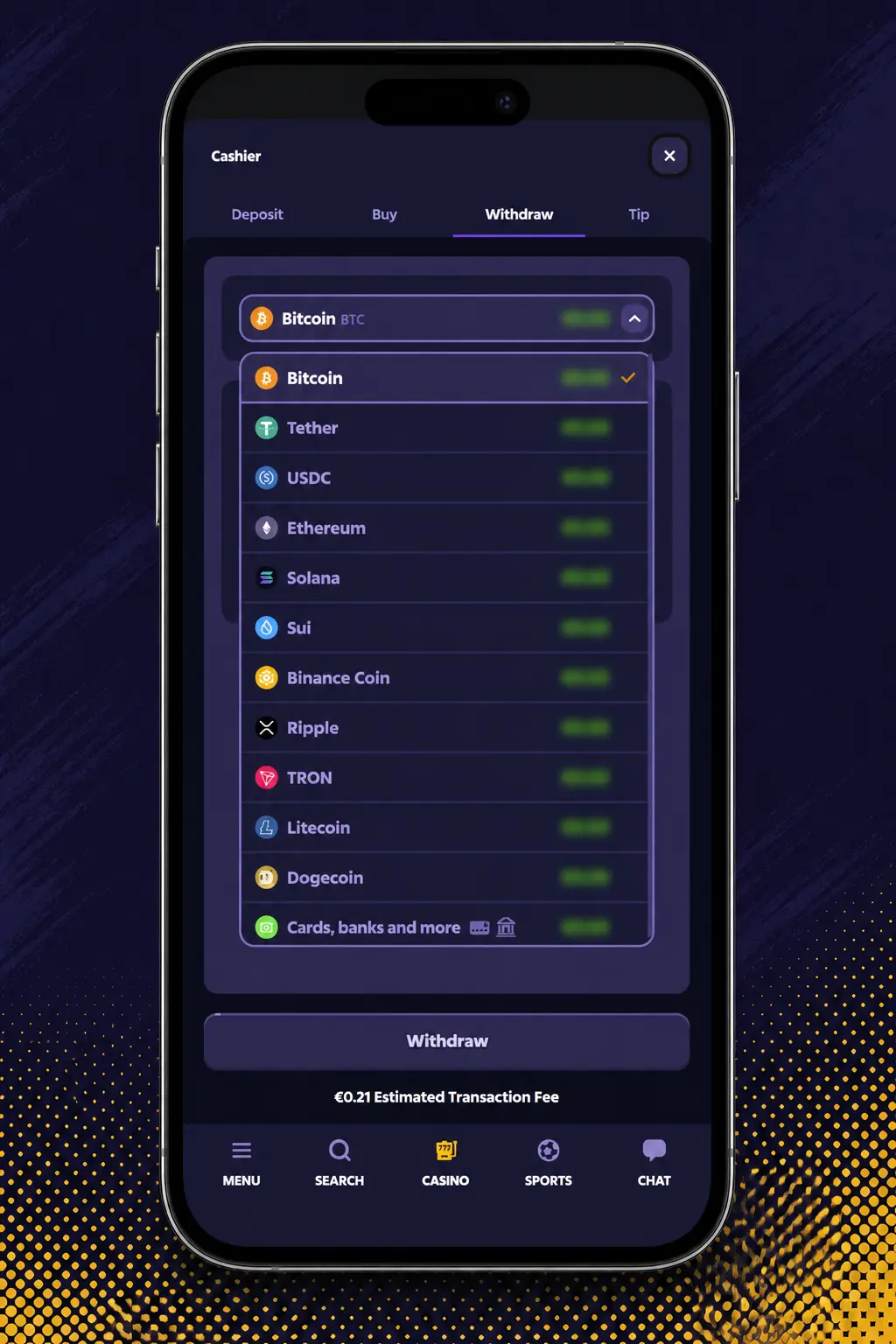 Step-by-step screenshot showing how to withdraw funds from Roobet using UPI, CASH, or crypto