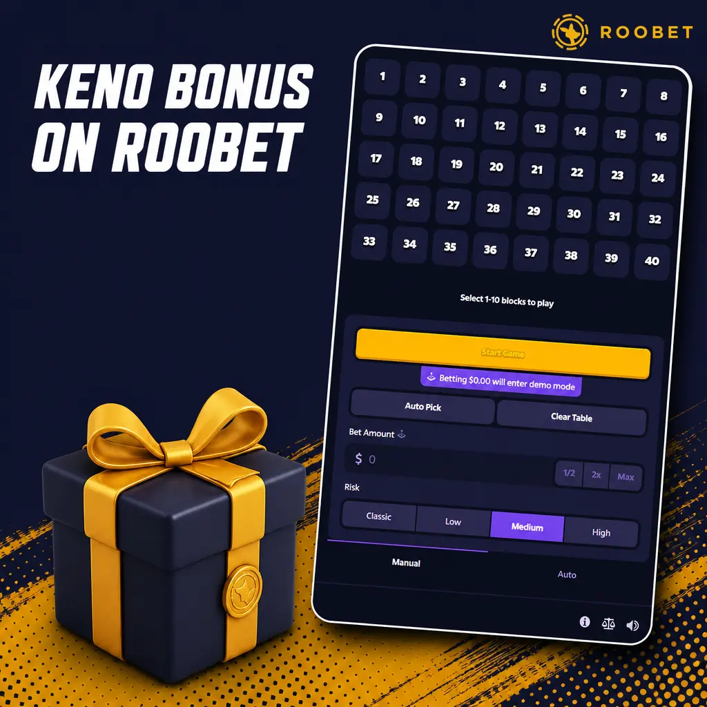 Roobet Keno bonus showing Rakeback rewards from Bronze to VIP tiers for daily wagered volume