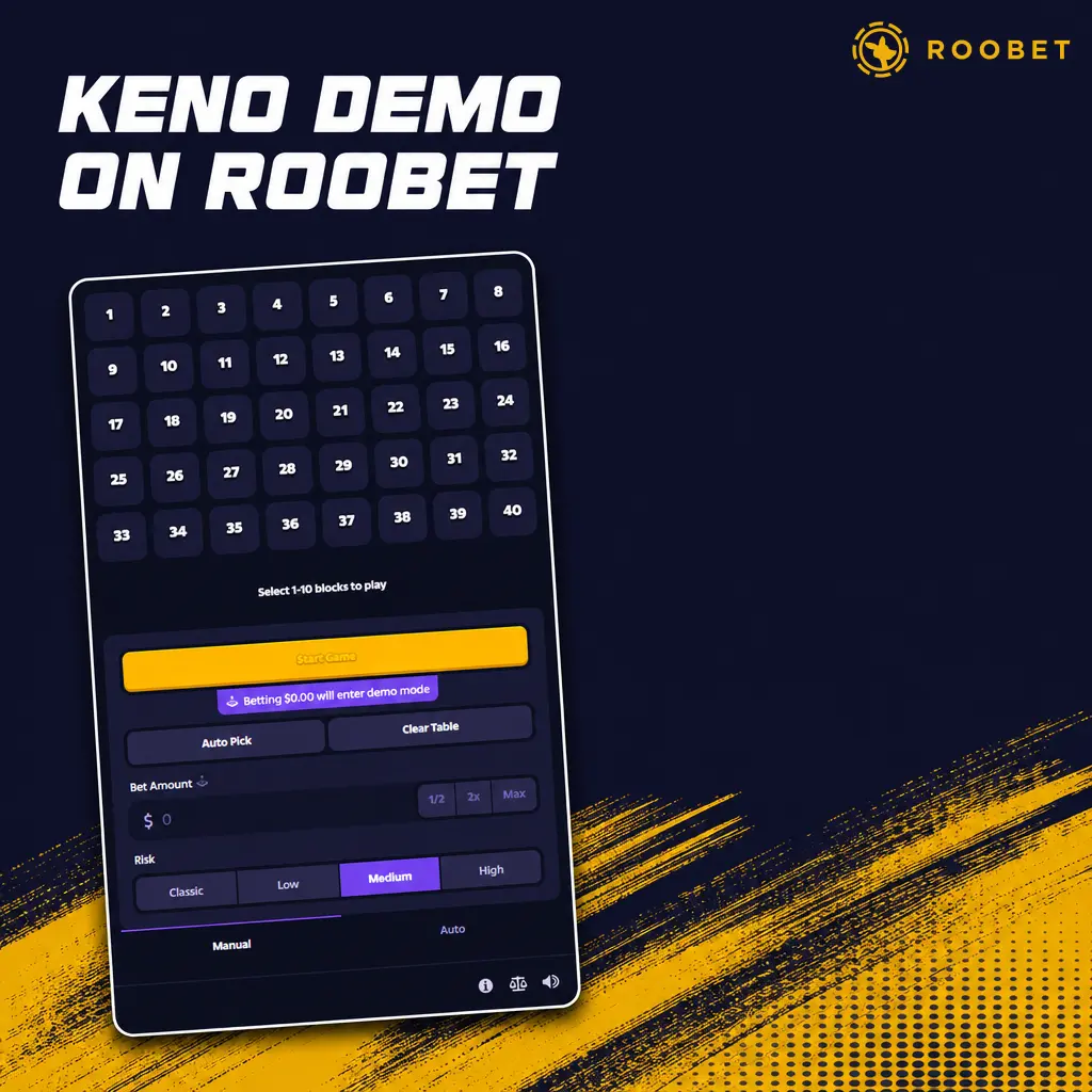 Roobet Keno demo mode screen showing virtual credits, pick options, payout table, and autoplay settings for free play