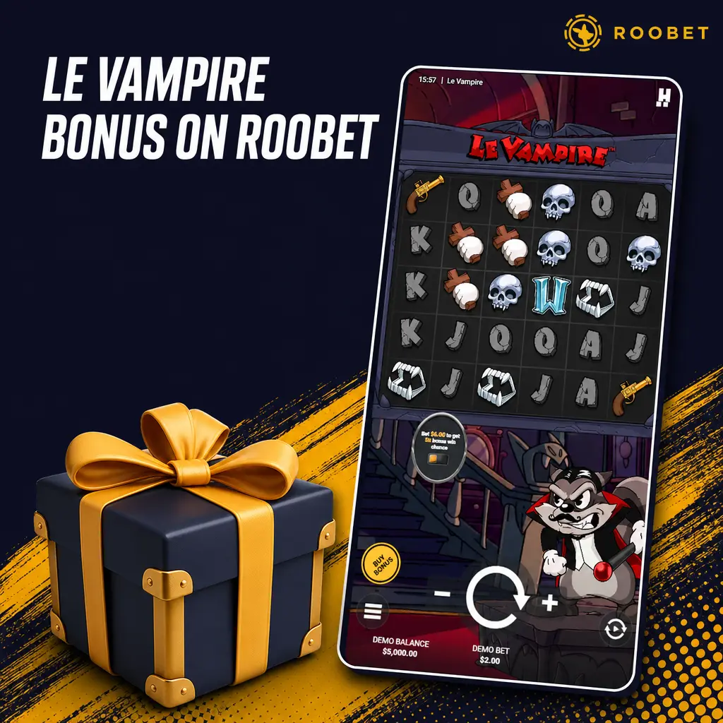 Le Vampire slot on Roobet with VIP cashback, level-up bonuses, and 100% wagering contribution shown on screen