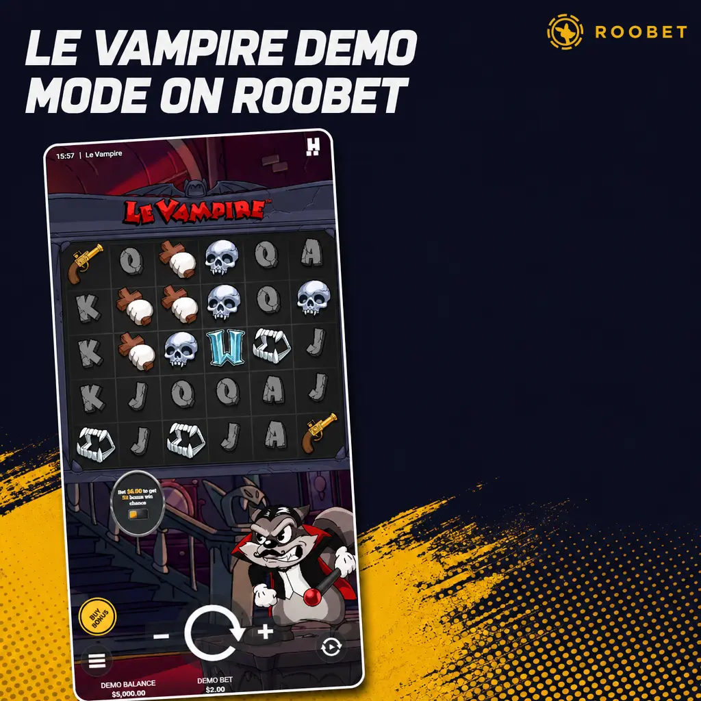 Le Vampire demo mode on Roobet showing reels, Vampire Bite conversions, and Free Spins multiplier with virtual credits