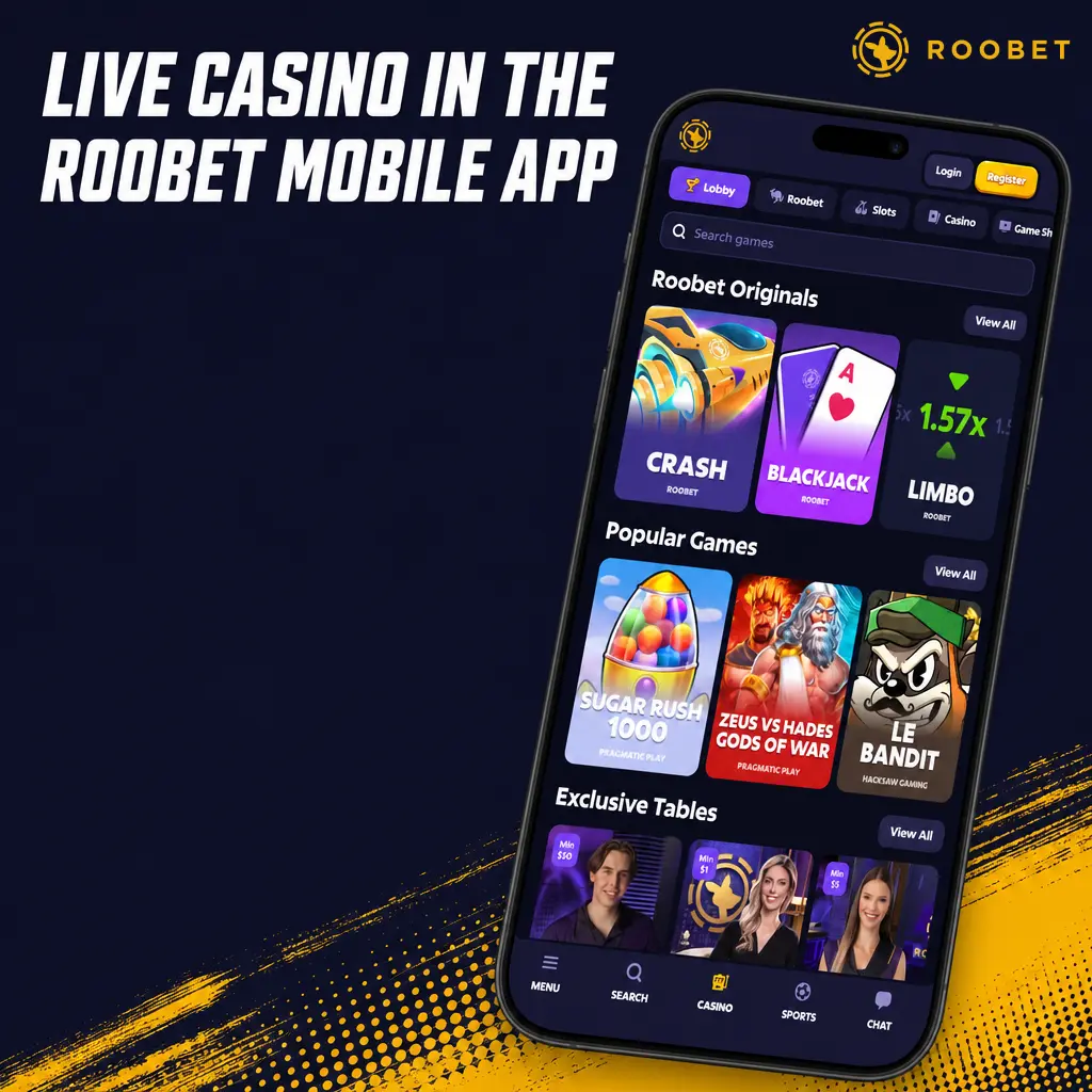 Live dealer casino lobby in the Roobet mobile app showing table video, betting panel, and dealer chat on iOS and Android.