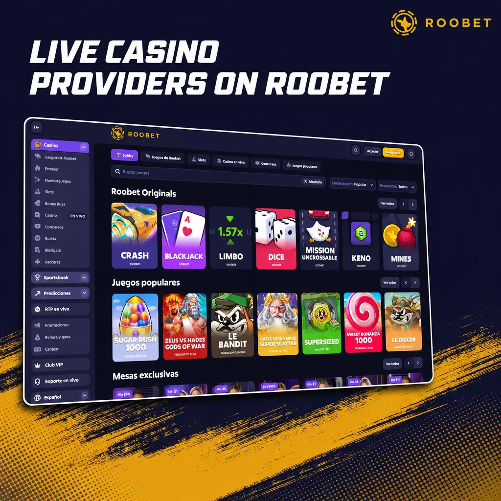 Live casino providers on Roobet including Evolution, Pragmatic Play, Ezugi, Vivo Gaming, and Lucky Streak game tables