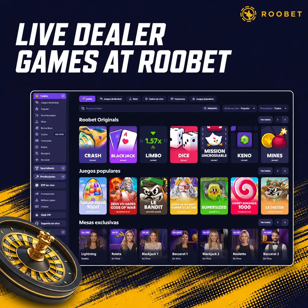 Live dealer games at Roobet featuring roulette, blackjack, baccarat, game shows, and poker from Evolution and Pragmatic Play studios