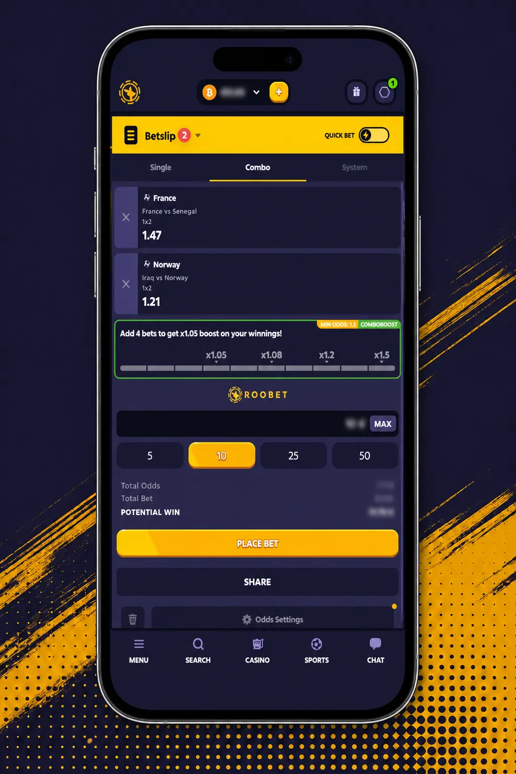 Step-by-step guide to placing a cricket or football bet on Roobet Sportsbook betting slip