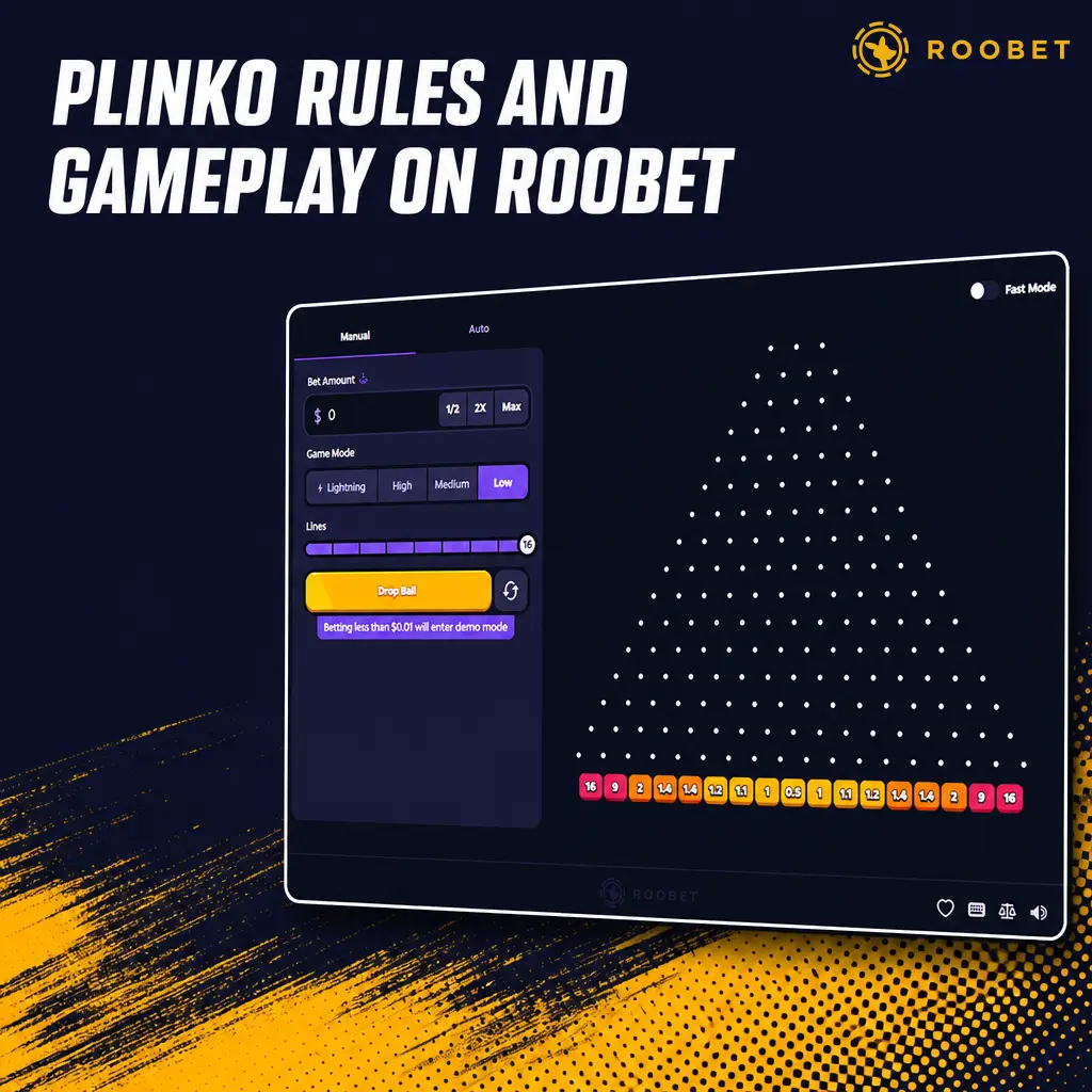 Plinko on Roobet: ball drops through peg grid, lands in multiplier slot, provably fair results