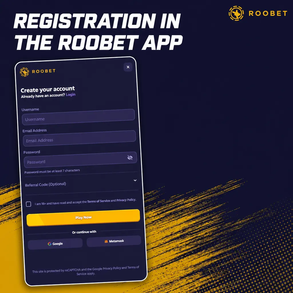 Step-by-step guide to registering a new account in the Roobet app using phone, email, or social login