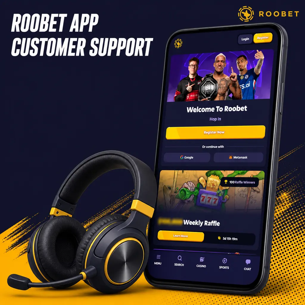 Roobet app 24/7 customer support menu showing live chat, email, help center, and social media options