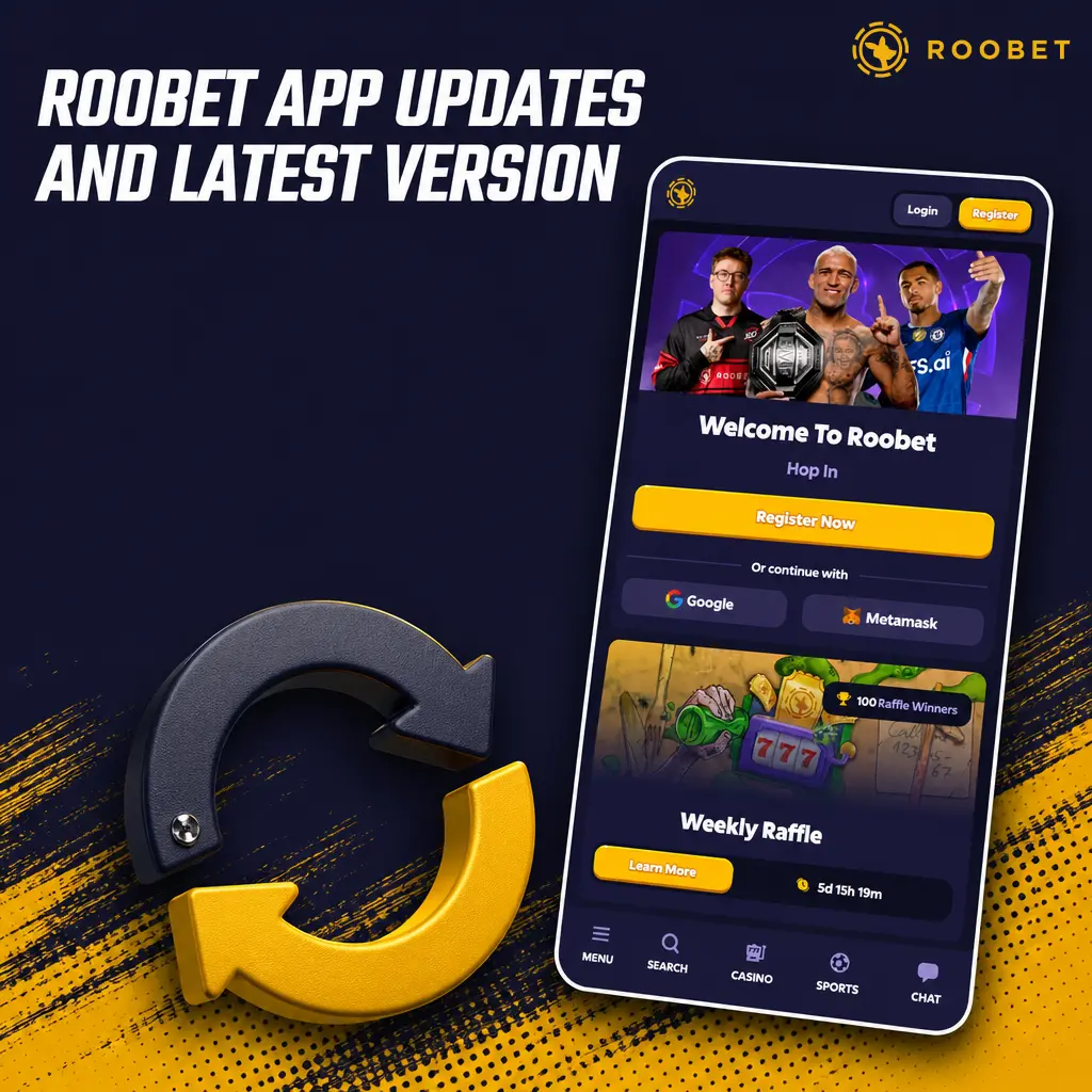 Roobet app update screen showing APK download and install steps for the latest version on Android devices
