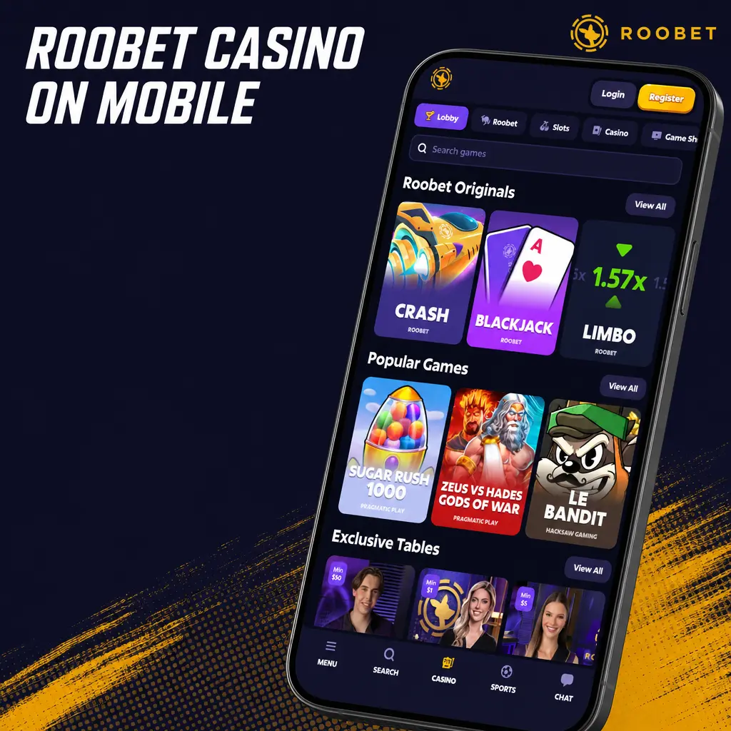 Roobet Casino mobile progressive web app showing portrait-mode slots, search, favorites, quick deposit, and biometric login.