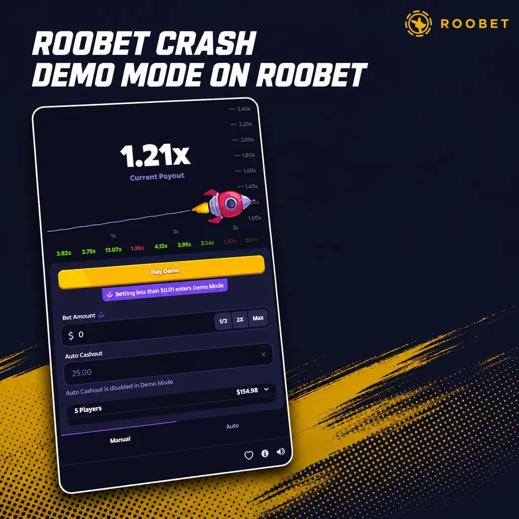 Roobet Crash demo mode screen showing virtual credits, multiplier curve, and auto cash out settings before real money play