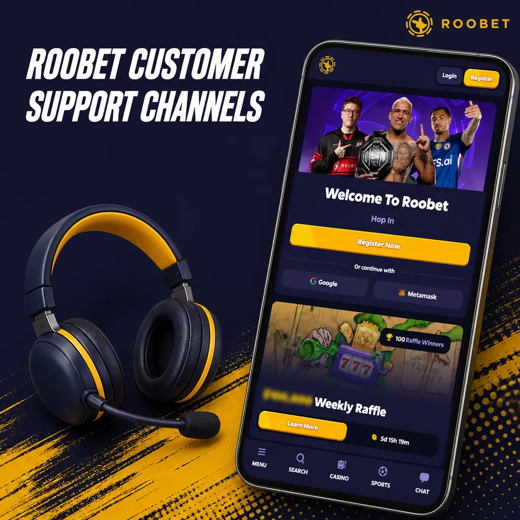 Table of Roobet customer support channels showing availability and typical response times for live chat, email, Discord, and Twitter