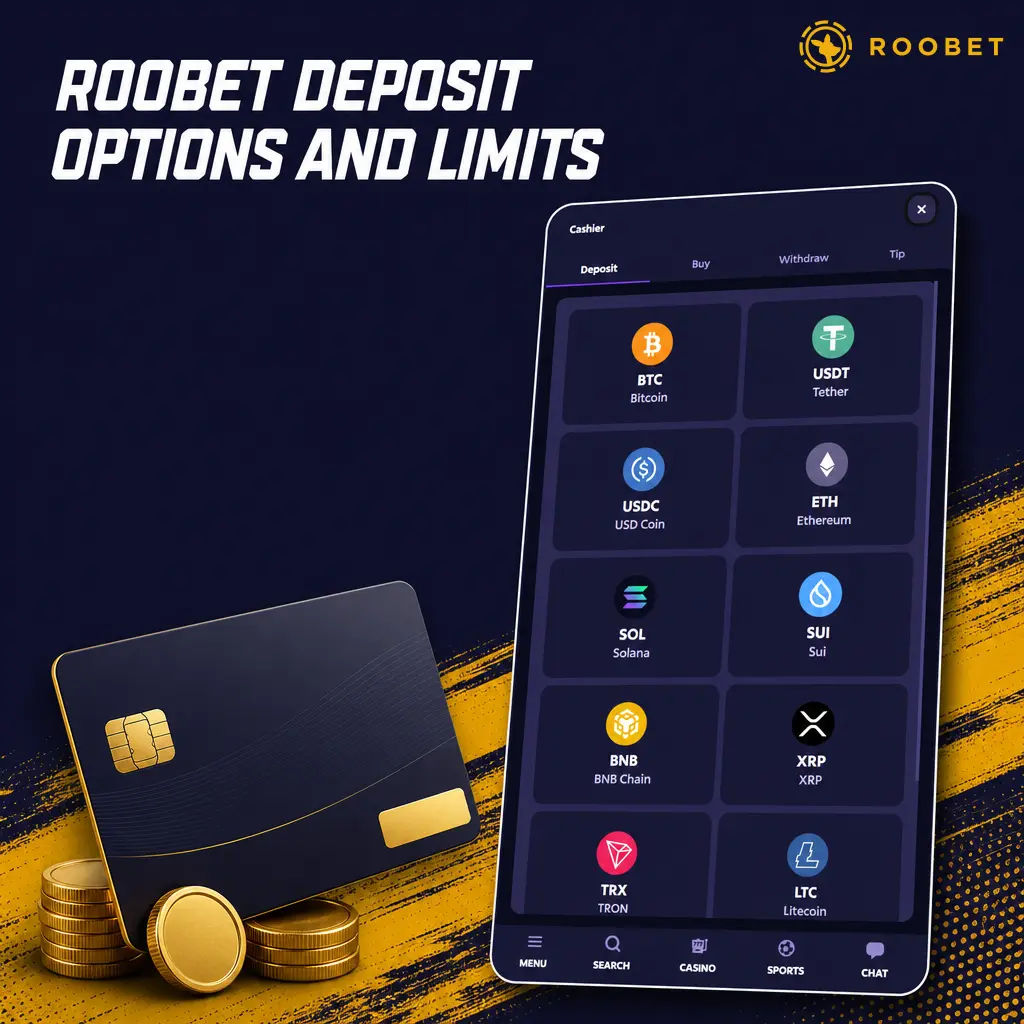 Table showing Roobet deposit methods including UPI, CASH, and cryptocurrencies with min/max limits, crediting time, and fees