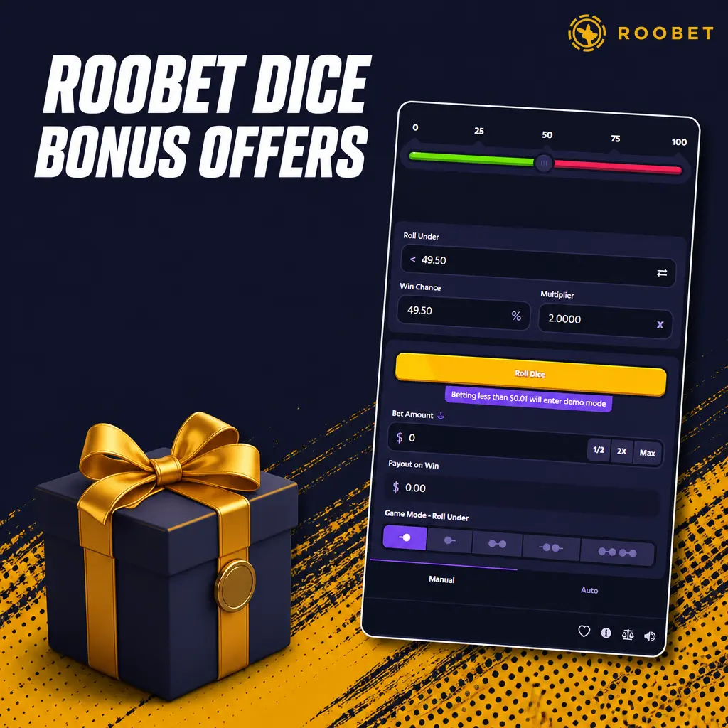 Roobet Dice bonus offers: Level Up Bonus credits and Weekly Rakeback, both wagered on Dice with no minimum deposit required.