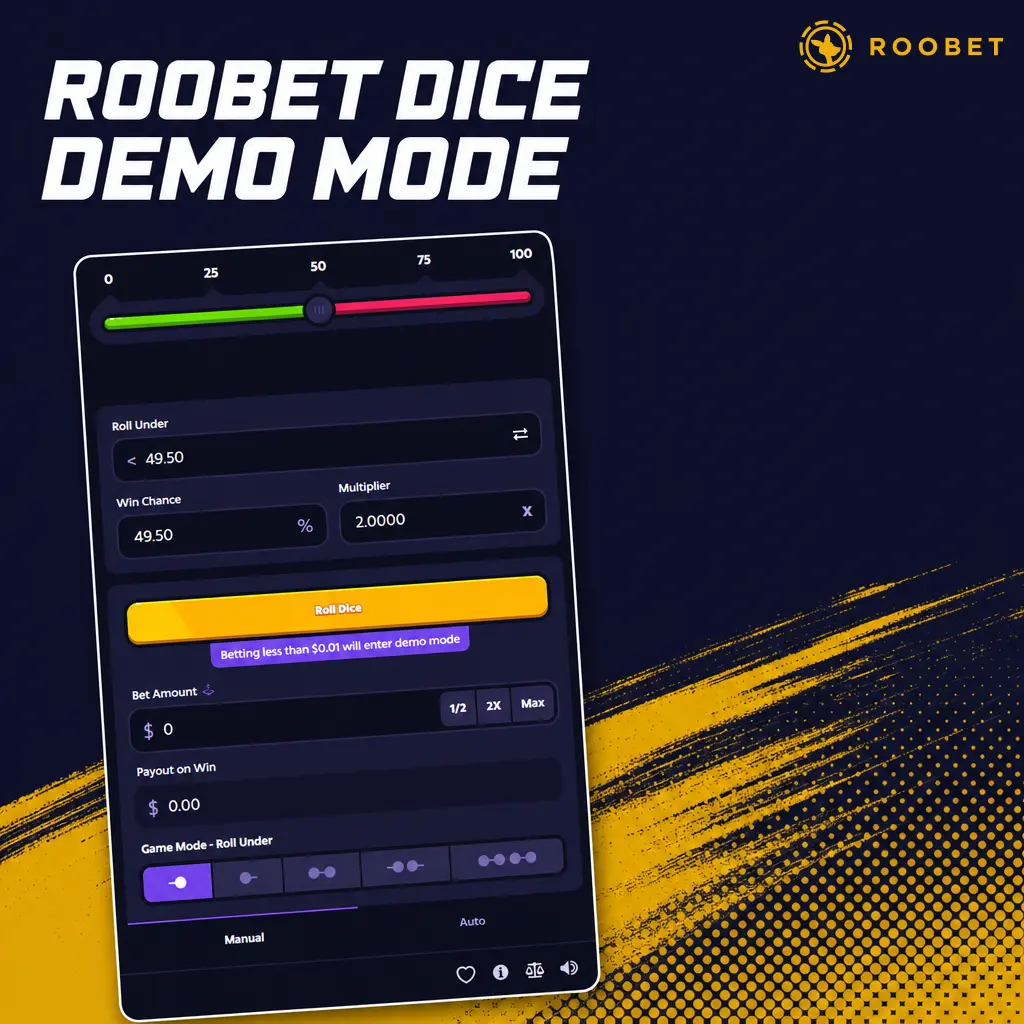 Roobet Dice demo mode screen showing $1,000 play money balance, win chance slider, and Roll Over/Under toggle