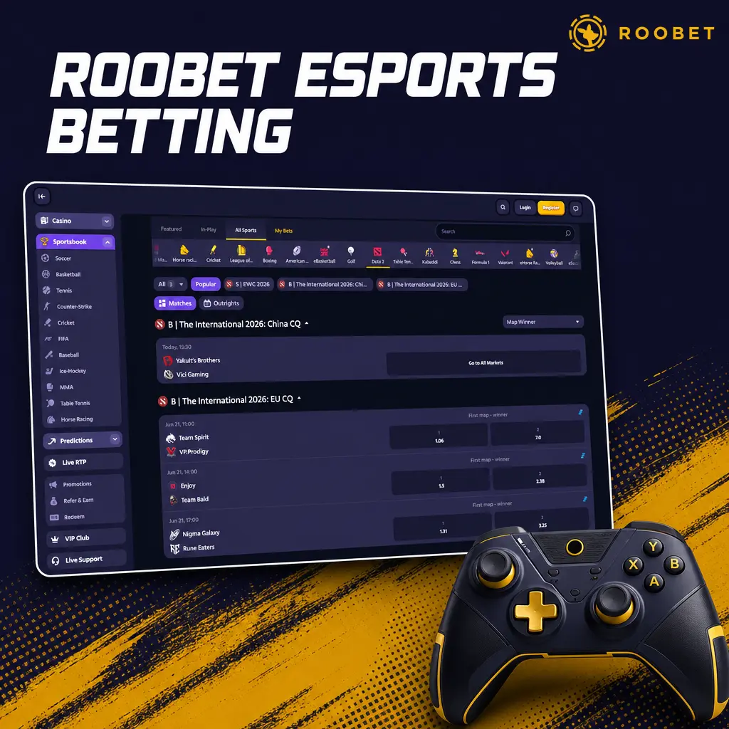 Roobet esports betting odds for CS2, Dota 2, League of Legends, Valorant, and Mobile Legends tournaments