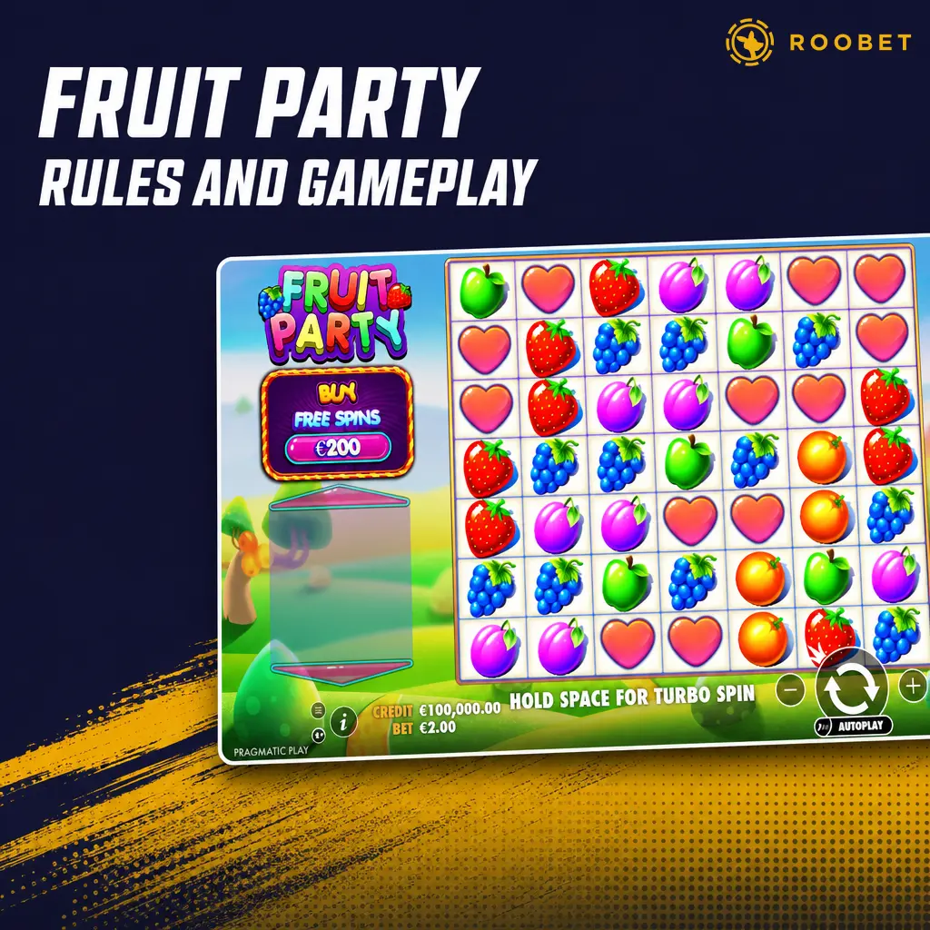 Fruit Party slot gameplay on a 7×7 grid showing matching fruit clusters, tumble wins, and multiplier bomb mechanics.