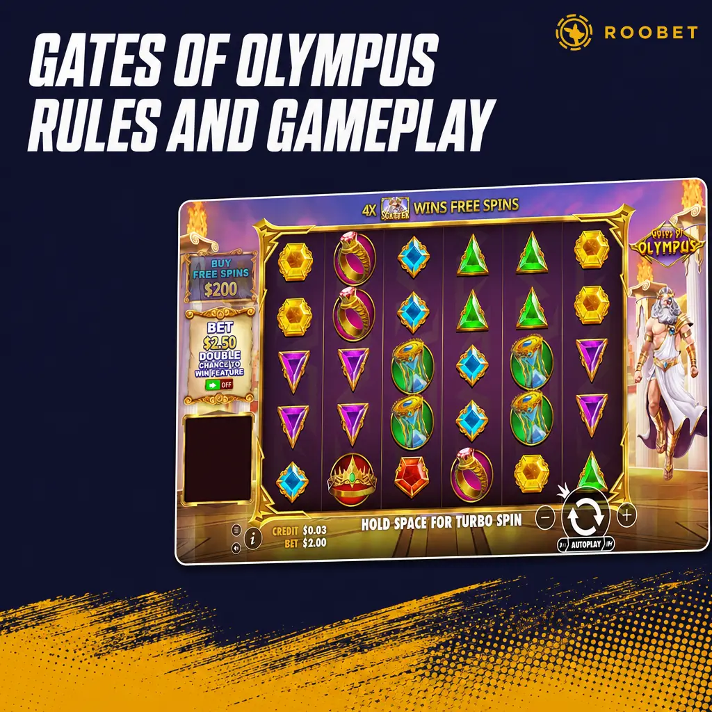Gates of Olympus gameplay screenshot showing the 6x5 grid, cluster wins, tumble feature, and multiplier symbols.