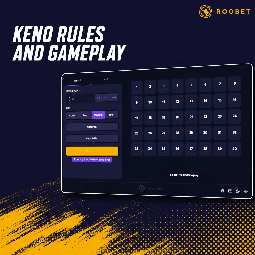 Keno rules on Roobet: pick 1-10 numbers from 40, match a 10-number draw, and win based on a fixed paytable.