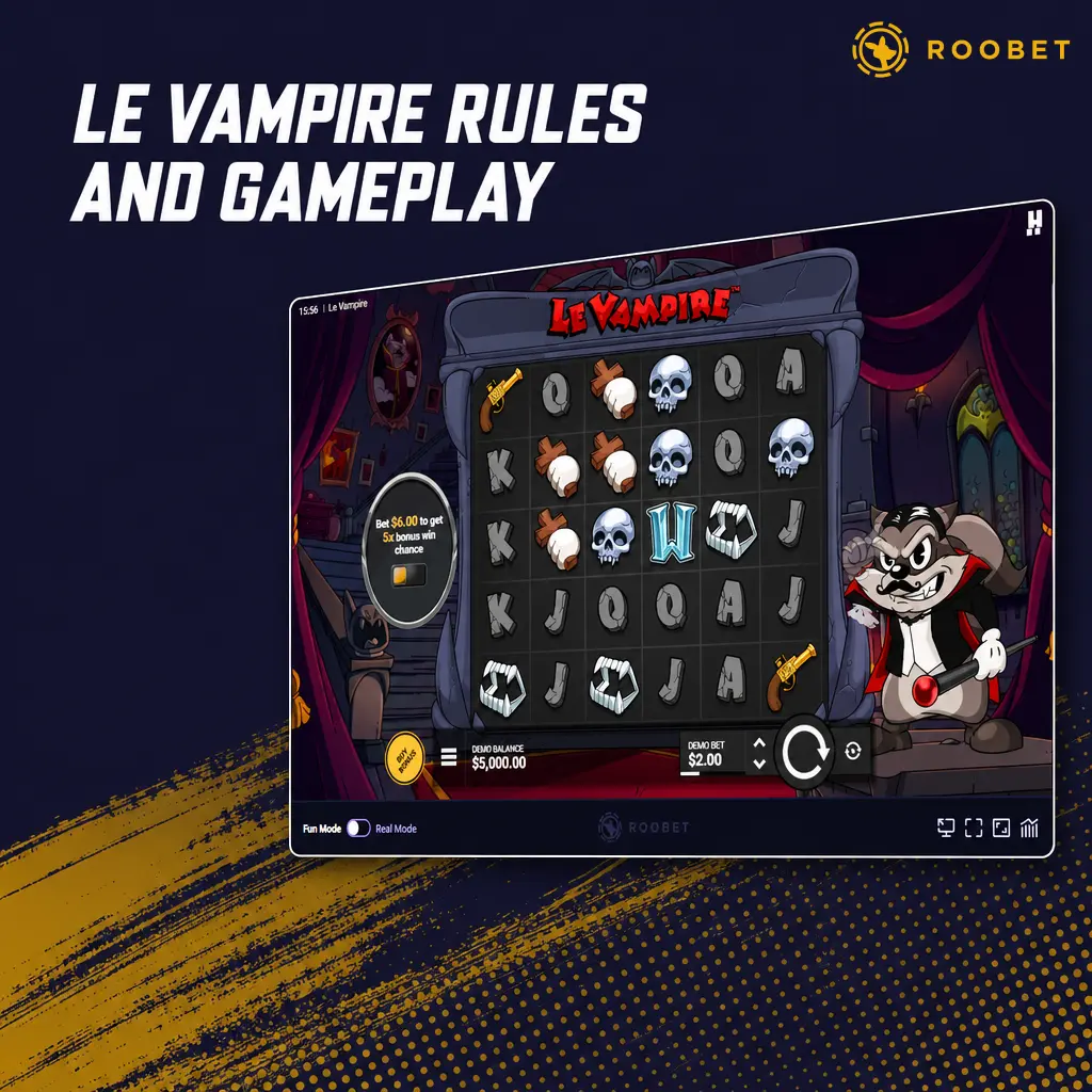 Le Vampire slot gameplay: 5x3 reels, 20 paylines, 0.10-100 USD bets, RNG-certified spins, and autoplay options.