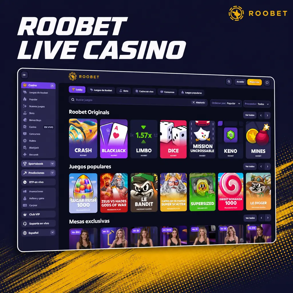 Roobet Live Casino featuring Evolution and Pragmatic Play dealers in roulette, blackjack, baccarat, game shows, and poker.