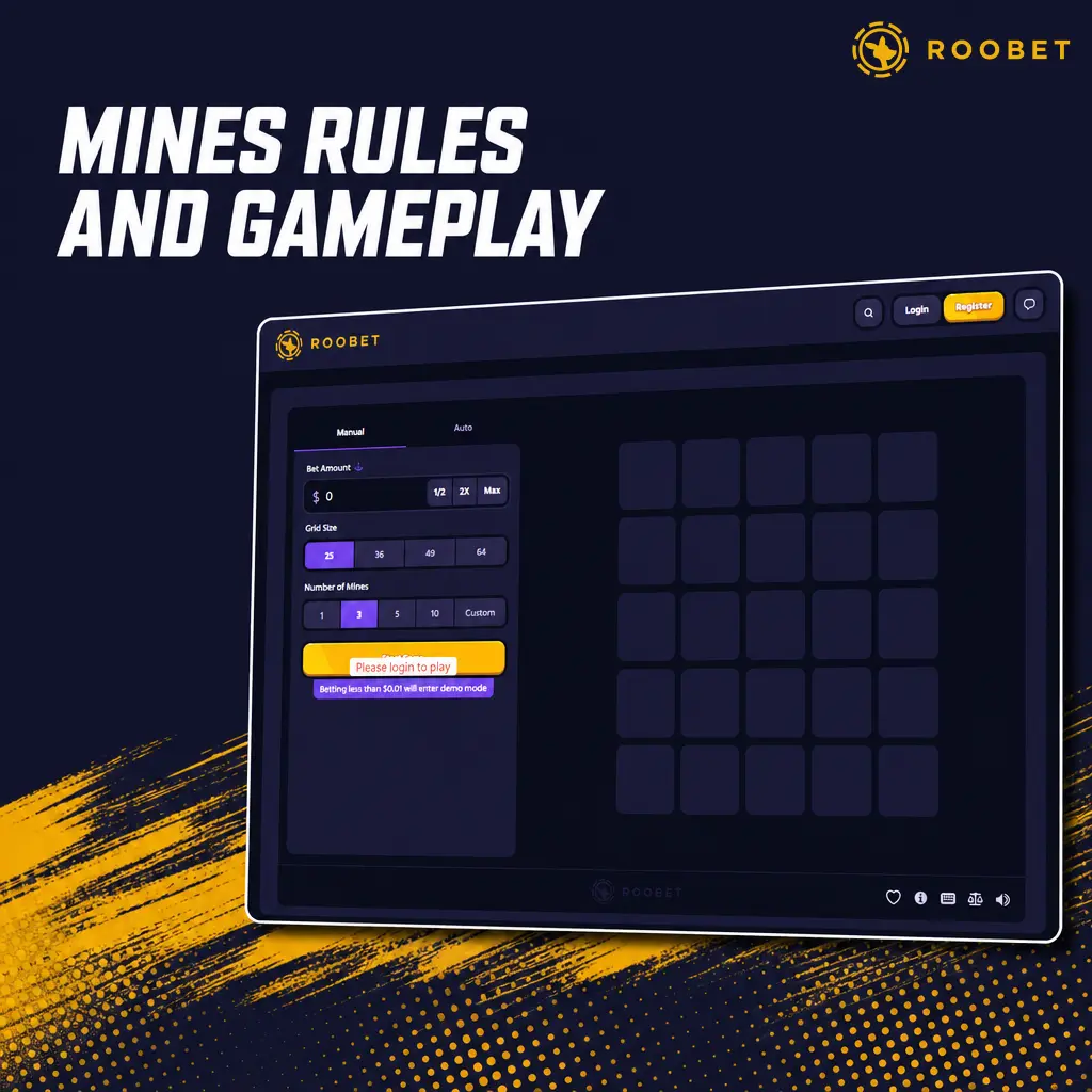 Roobet Mines game: 5x5 grid with hidden mines, reveal safe tiles to boost multipliers and cash out in time.