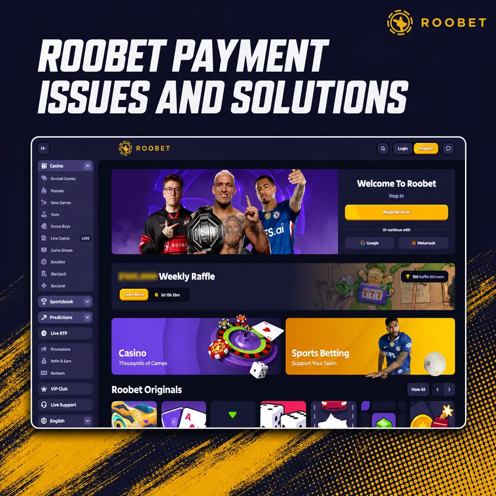 Table listing common Roobet payment issues, causes, and solutions for deposits, withdrawals, and bonus credits.