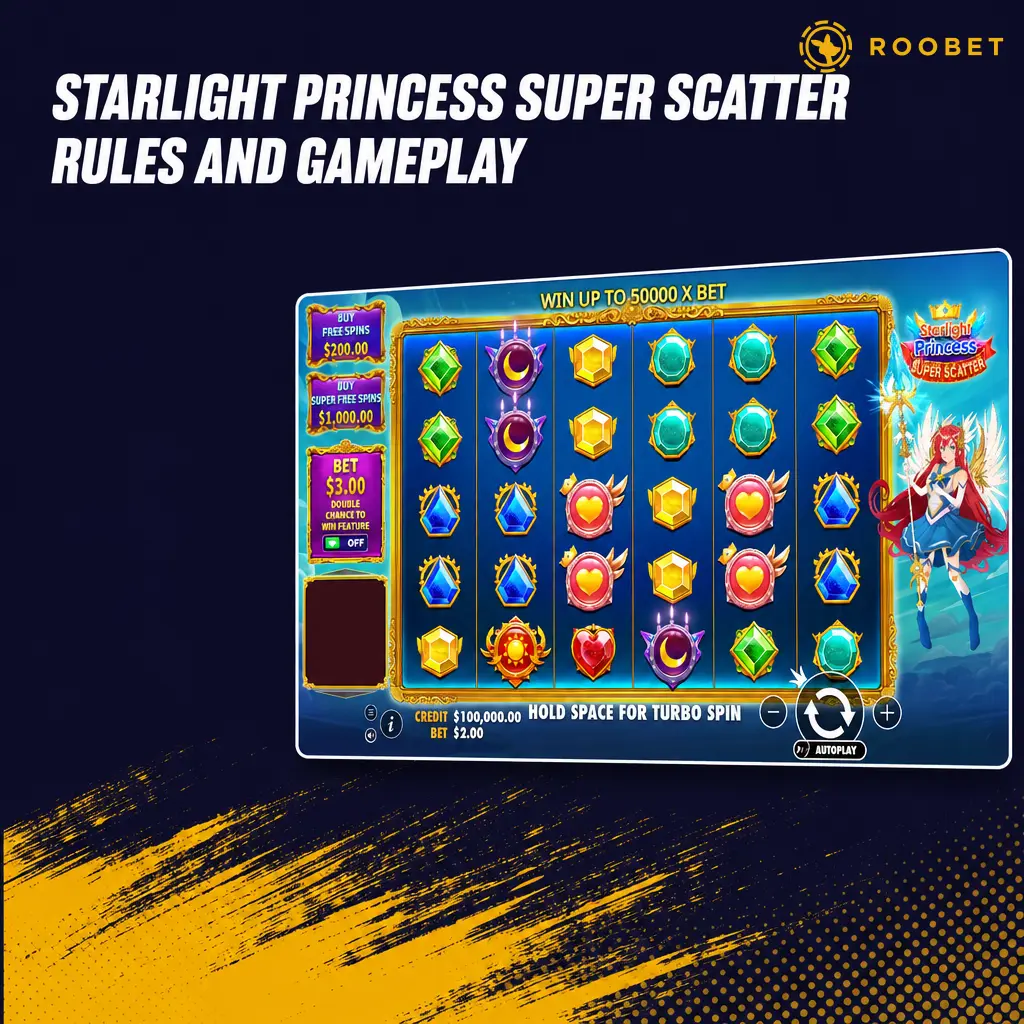Starlight Princess Super Scatter slot showing grid wins, Tumble feature, Scatter symbols, and Free Spins mechanics