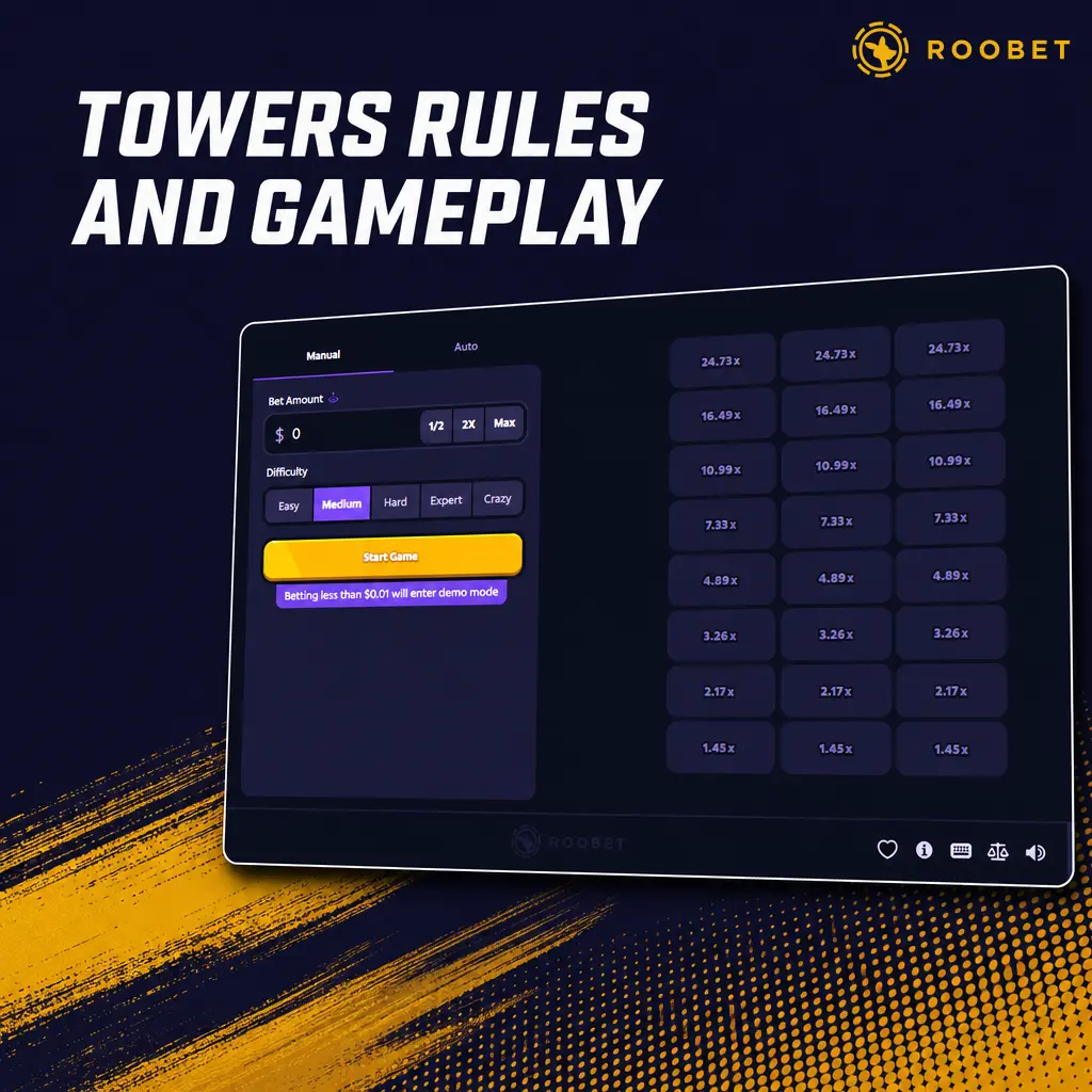Towers game screen showing nine rows of tiles, bomb avoidance gameplay, and rising payout multiplier