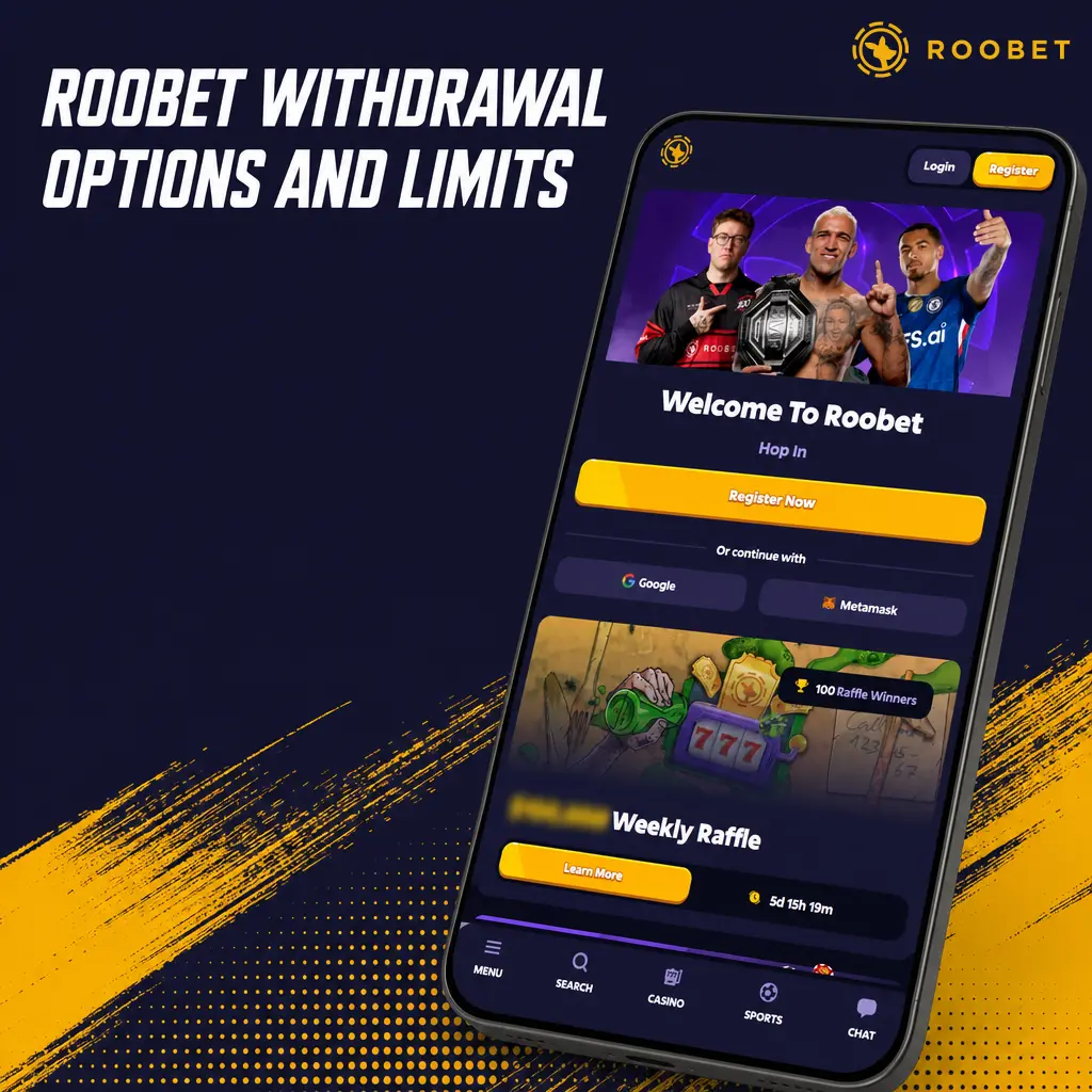 Table showing Roobet withdrawal limits and processing times for UPI, CASH, and crypto payment methods