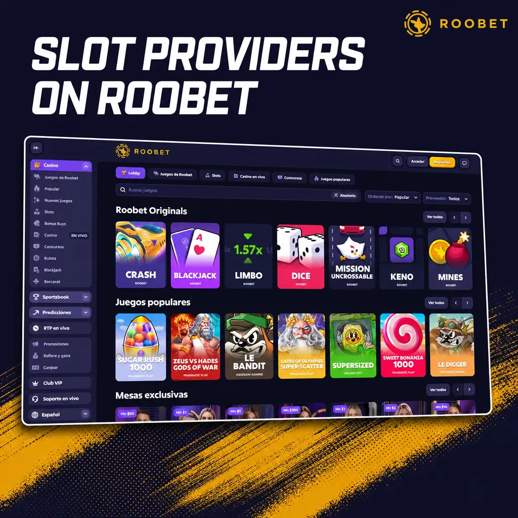 Slot providers available on Roobet, including Hacksaw Gaming, Nolimit City, Pragmatic Play, Relax Gaming, Push Gaming, BGaming, and Print Studios.