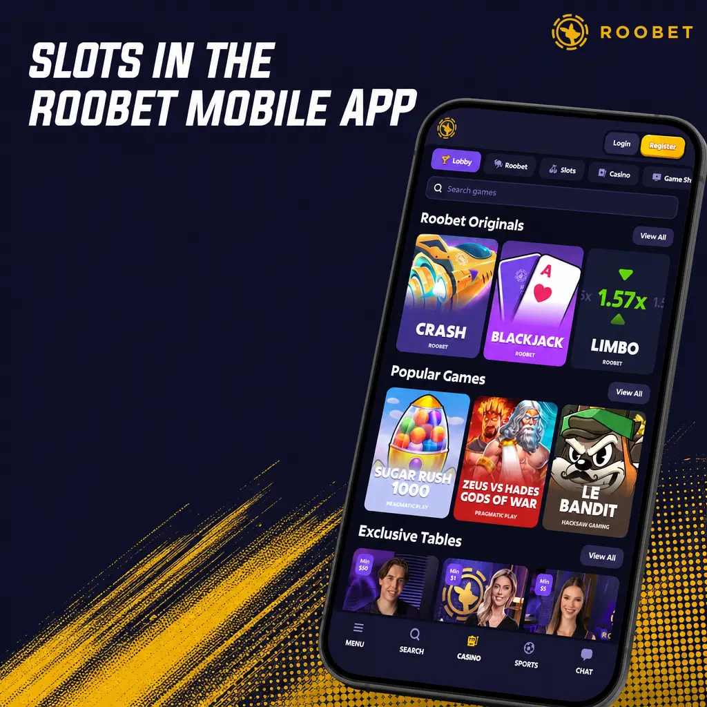 Slots in the Roobet mobile app showing portrait mode, search, favorites tab, and quick deposit features